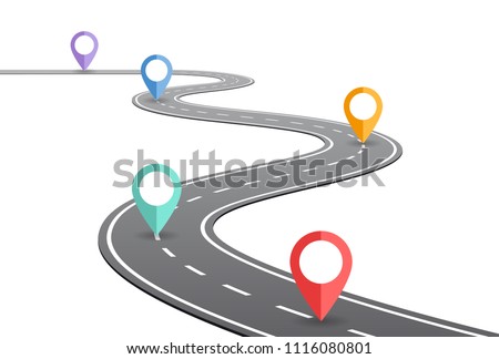 Vector Curved road with white lines in perspective view and infographic elements designed for a timeline concept