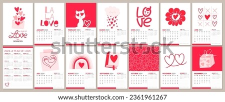 2024 Love Calendar Design: Bright, Creative and Colorful Templates for Monthly and Annual Planning. Sunday Start. Cute and Useful Planner for 2024 year