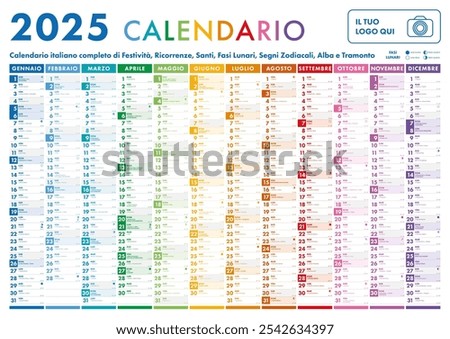 2025 Calendar - illustration. Template. Mock up. Italian version with Saints, Holidays, Lunar Phases and Zodiac Signs