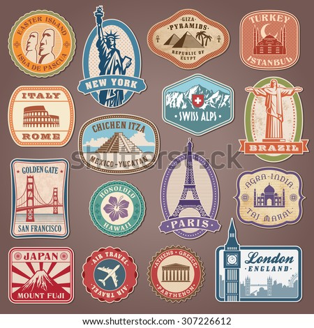 Collection of Vector labels with famous monuments and landmarks