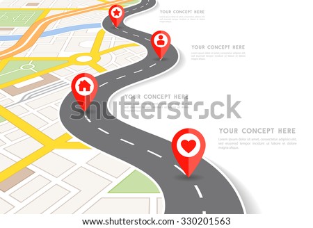 Vector Infographic with a tortuous road separating blank space from a perspective city map with red markers and rounded icons.