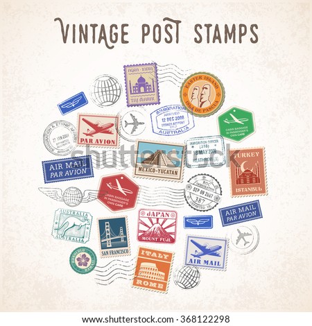 Vector illustration of a Composition of Travel stamps and mail stamps with famous monuments.