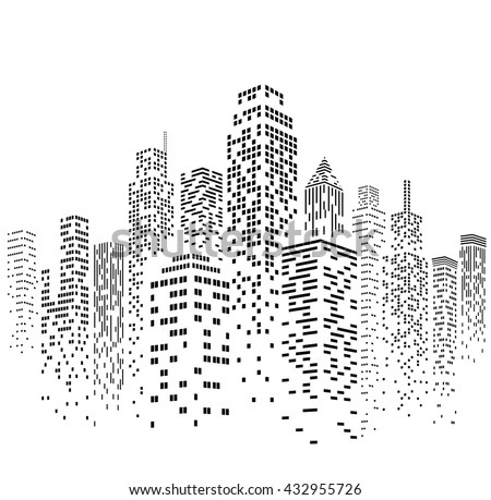 Vector illustration of black and white skyscrapers, with white buildings and black windows. All windows shapes are present so you can easily edit window colors.