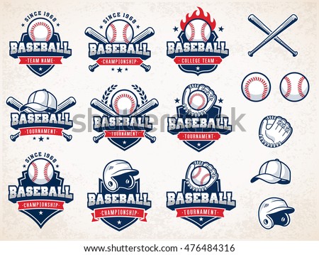 Collection of nine colorful Vector Baseball logo and insignias, presented with a set of baseball equipment illustrations