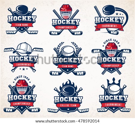 Collection of nine colorful Vector Hockey logo and insignias, organized with layers.