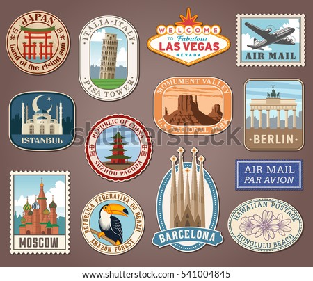 Collection of vector illustrations of international landmarks and famous national symbols from countries all over the world presented as stickers or labels