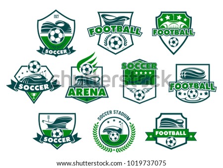 Soccer sport club badge with football stadium. Soccer ball, sporting arena and winner trophy cup heraldic shield with ribbon banner, wreath and star for football championship or team emblem design