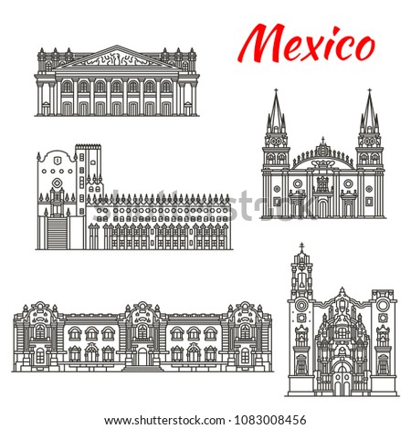 Mexican travel landmark of Guadalajara and Guanajuato tourist sights thin line icon set. La Valenciana Church, Degollado Theater and Guadalajara Cathedral, Government Palace and Guanajuato University