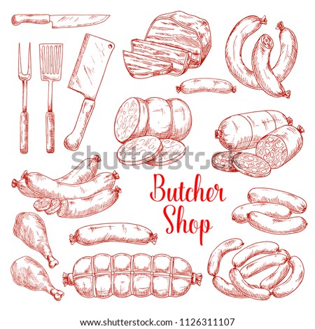 Butcher shop meat products vector isolated sketch icons. Butchery gourmet delicatessen and gastronomy brats and frankfurter sausages. ham or hamon and bacon brisket, wiener and frankfurter salami