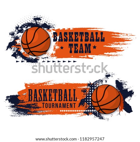 Basketball game banner, team competition design. Ball with orange and blue paint brush stroke, decorated by star. Basketball tournament match ticket, invitation flyer