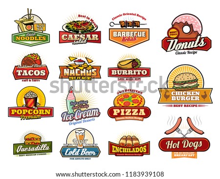 Fast food icons of fastfood snacks and sandwiches. Cafe, restaurant or bistro menu. Vector Chinese noodle box, Caesar salad or kebab barbecue and donut dessert, Mexican taco and nachos with burrito