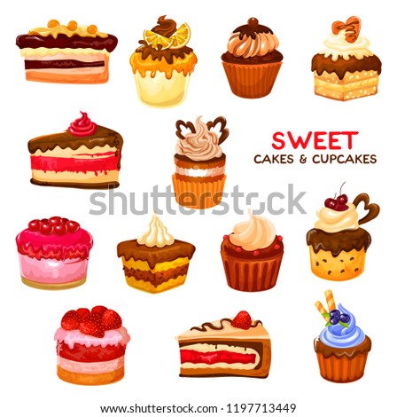 Cake and confectionery dessert icons and signs. Chocolate cupcake or muffin, cheesecake with fruits, topping or cream, berry and vanilla icing. Bakery shop or cafe menu pastry dishes and meals vector