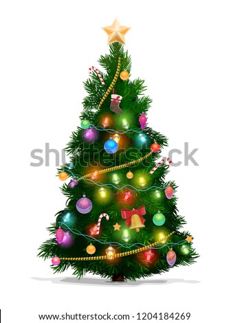 Christmas tree with Xmas star, balls and lights. Green fir or pine, decorated with gift boxes, glowing garland and bell with red ribbon, stocking, candies and baubles. New Year holidays vector design