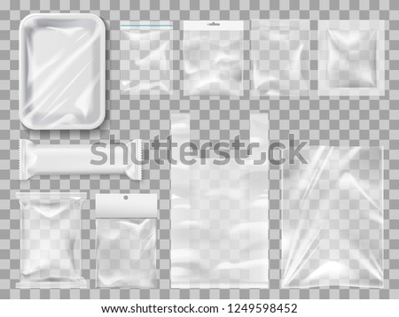 Empty packs, plastic package and vacuum containers mockups for food. Transparent disposable clean packages for meat and chocolate bar, spices and pastry. Transparent packets to carry and keep goods