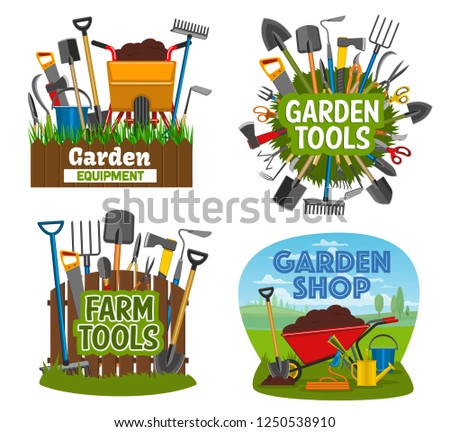 Gardening tools and equipment isolated posters. Garden shop items shovel, spade, rake and pruner, trowel and fork, scissors, pitchfork. Wheelbarrow, cart with soil, agricultural farming tools vector