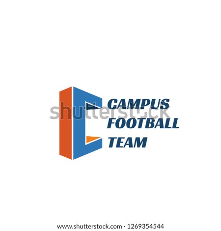 Campus football team vector sign. Sportive design, soccer team emblem. Modern sport sign in blue and orange colors. Football vector emblem for sports school. Concept of soccer and football game