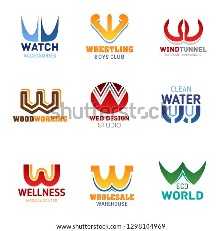 W icons and corporate identity letter font symbols. Vector W signs of watch shop, wrestling sport gym club and wind tunnel entertainment park, web design studio or wellness medical center and eco park