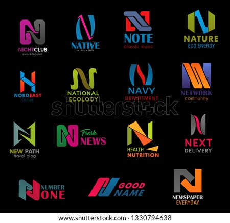 Letter N font modern icons design, business company or technology symbols. Vector N geometric shape of night club, music note or eco nature and navy department or next delivery