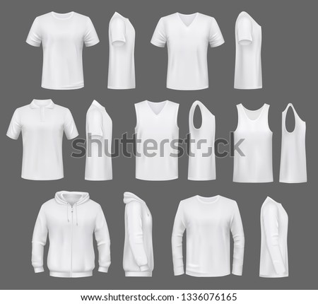 Male fashion, t-shirt templates with hoodie and sweatshirt, polo and singlet or sleeveless shirt. Vector basic clothes white mockups, casual garments. Men outfit henleys and tank top items, underwear