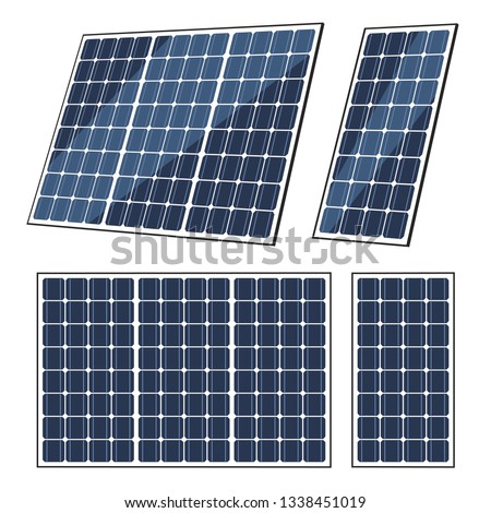 Solar panels vector design of sun energy modules, eco power batteries with photovoltaic solar cells. Green power, alternative renewable energy sources, electricity technology themes