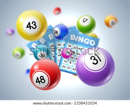 Lottery balls and tickets 3d vector illustration of lotto, bingo or keno gambling sport games. Colourful balls and betting slips with numbers, gaming industry and casino advertising design