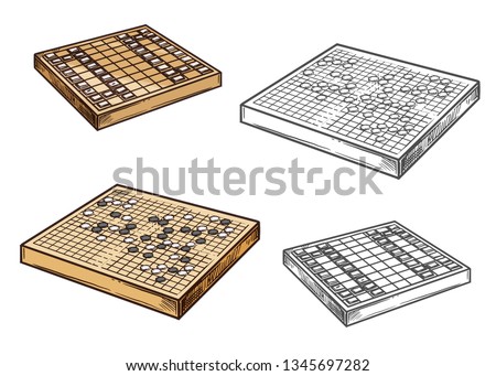 Japanese go and shogi chess game vector icons. Strategy oriental game on wooden board. Entertainment amusement, intellectual contest mind sport. Monochrome battleground color play pieces