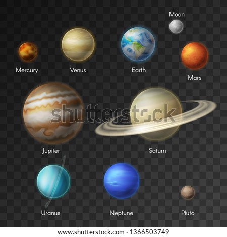 Planets of solar system vector isolated icons. Earth, Saturn, Moon and Mars or Venus, Neptune with Mercury or Uranus and Pluto or Jupiter planet in galaxy universe. Mixed media