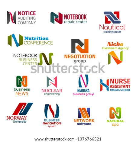 Corporate identity letter N business icons. Vector auditing and repair, training and food, negotiation and investment, news and engineering. Education and navigation, software and recreation, signs