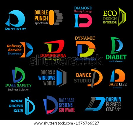 Letter D corporate identity icons. Business and medicine, sport and dentistry, database and design, delivery and traveling. Building goods and dancing, racing and technologies vector isolated