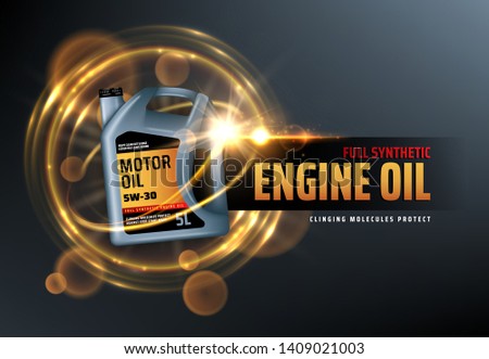 Canister of engine motor oil, full synthetic clinging molecules protection. Vector vehicle engine lubricant oil change logo with blurred golden bubbles. Promotion and advertisement of car oils