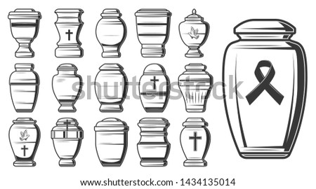 Funeral urn sketches of vector cremation and burial containers, columbarium vases, jars and pots with ashes, decorated by crosses and dove or pigeon birds. Mortuary or funerary home service design