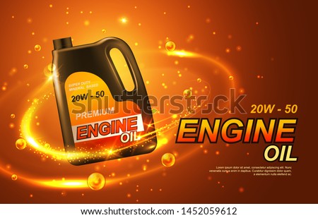 Car engine oil, automobile motor lubricant poster. Vector premium engine oil advertisement with golden splash,sparkling drops around canister bottle of synthetic or mineral engine oil. Mixed media