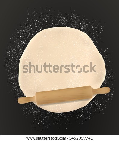 Rolling pin and homemade pastry dough, bakery flour on table, 3d realistic top view. Vector pizza dough kneading with rolling pin, patisserie, wheat and rye bread baking. Domestic bread pastry cooking