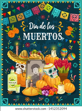 Dia de los Muertos altar with sugar skulls, Mexican Day of the Dead vector design. Tombstone, decorated with skulls in sombreros, maracas and marigold flowers, candles, sweet bun and Halloween pumpkin
