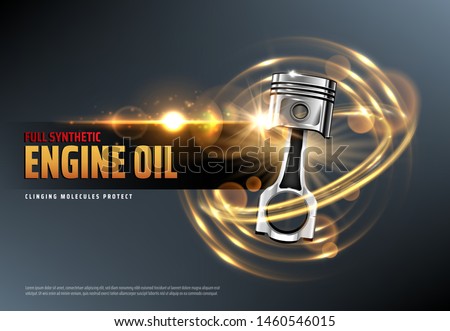 Car motor oil or auto engine synthetic lubricant 3d vector advertising banner with vehicle piston, sparkles and lens flares. Motor oil change station, auto service and car repair promotion