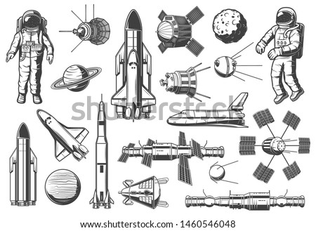 Space and astronomy isolated monochrome icons. Vector spaceman suit and rocketship, aircraft and shuttle, exploration of cosmos. Planet on orbit, rocket and satellite, spacecraft and launch missile