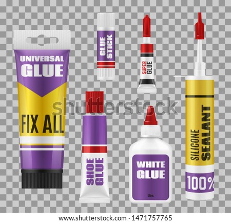 Glue package 3d mockups of adhesive stick, tubes and bottles. Vector super glue and silicone sealant, universal, white and shoes repair glue, branded plastic and metal packs on transparent background