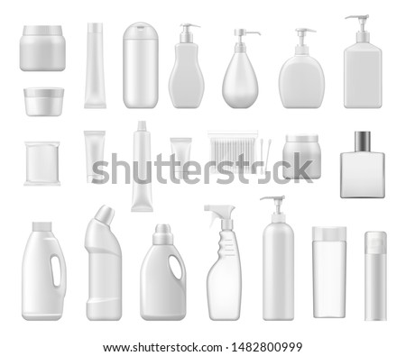 Cosmetic containers and chemical plastic bottles blank 3d packages. Vector cream jar, cotton swabs and toilet or bath cleanser, soap dispenser or perfume atomizer, lotion tube and shampoo bottle