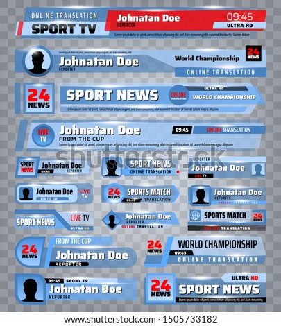 TV news lower third banners and bars 3d vector design. Broadcast video of sport and live show, breaking and fake news streaming translation title templates with names of channel and reporter