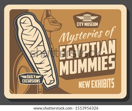 Egyptian mummies exhibition in museum, ancient Egypt history. Vector cat deity and exhibits of deceased human, mysteries of prehistoric times. City museum, religion, mythology and archeology