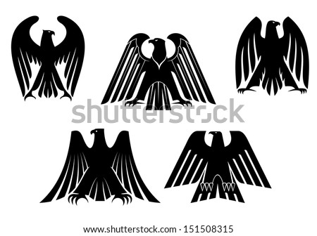 Silhouettes of black eagles for heraldry and tattoo design or idea of logo. Jpeg version also available in gallery