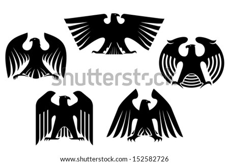 Vector illustration of silhouetted black stylized eagles with outspread wings and heads turned to the side, five different designs. Jpeg version also available in gallery