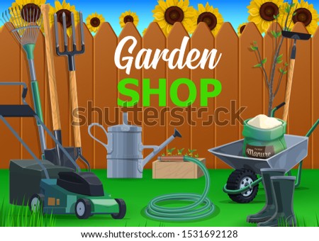 Garden tool shop with vector farm and agriculture equipment. Shovel, rake and fork, spade, watering can and hose, wheelbarrow, hoe and pitchfork, boots and lawn mower on green grass with fence, plants