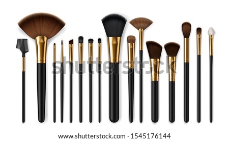 Makeup brush vector mockups of beauty cosmetics 3d design. Blush, eyeshadow and contour, eyebrow comb, foundation, concealer and bronzer, angle, fan and flat realistic brushes, make up artist kit