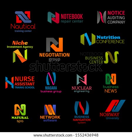 N icons and company corporate identity signs. Vector letter N, business audit company, commerce investment agency and nuclear engineering, university and spa salon or nautical sport training center