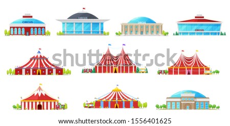 Circus tent, building and carnival marquee icons. Vector and big tops with flags, red white strips and balloons. Chapiteau, amusement park and funfair, entertainment architecture