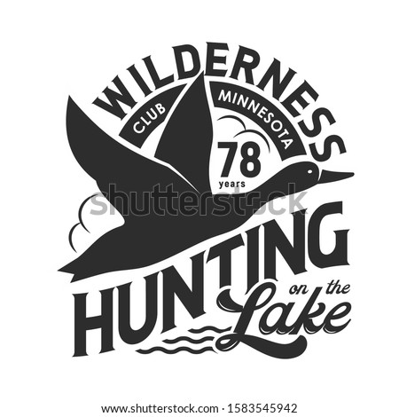 Duck hunting club isolated monochrome t-shirt print design. Vector hunt on birds at lake, flying feathered animal in sky black silhouette. Wilderness, wildlife poultry trophy, hunting hobby