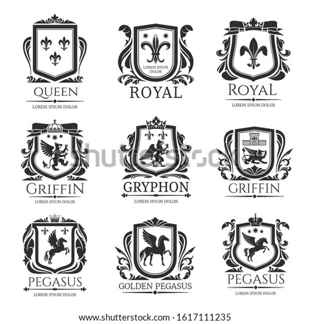 Heraldic shields, heraldry Medieval animals and royal floral emblems. Vector Pegasus horse, Griffin lion with eagle wings, imperial crown, floral wreath and fleur de lys coat of arms shield