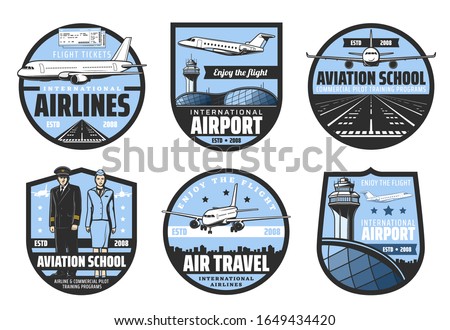 Plane, airport, pilot and flight attendant vector badges of air travel and aviation school design. Airplanes, runway and airline tickets, aircraft captain, aircrew and cabin crew retro icons