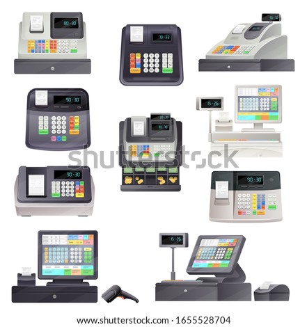 Cash register machine terminal, scanner and checkout counter. Vector retail point and pos terminal sale equipment. Cashiers of store with money boxes, receipt printers, displays and barcode readers